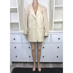 Pamela McCoy Cream Beige Genuine Leather Blazer Jacket Size L 3 Button Lined